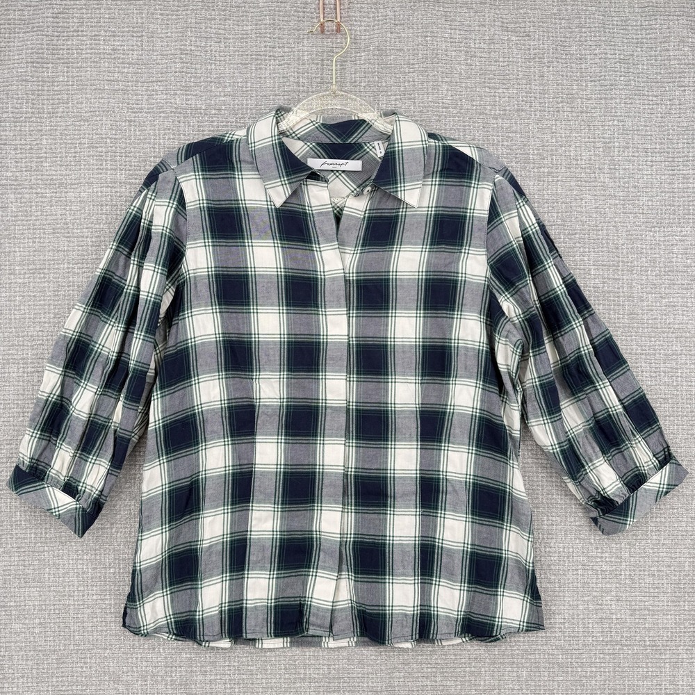 Foxcroft Button-Up Womens 8 Blue Plaid 3/4 Sleeve Relaxed Lightweight Flannel
